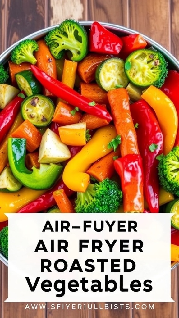 A colorful mix of air fryer roasted vegetables including bell peppers, zucchini, carrots, and broccoli on a rustic table.